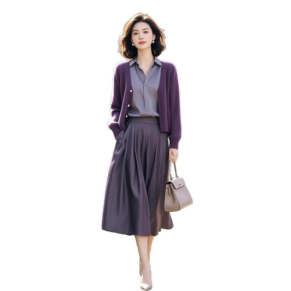 Trendy European Purple Knit Cardigan & Midi Skirt Three-Piece Set for Women