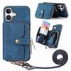 For iPhone 16 Case Zipper Card Holder PU Leather Phone Back Cover with Long Strap
