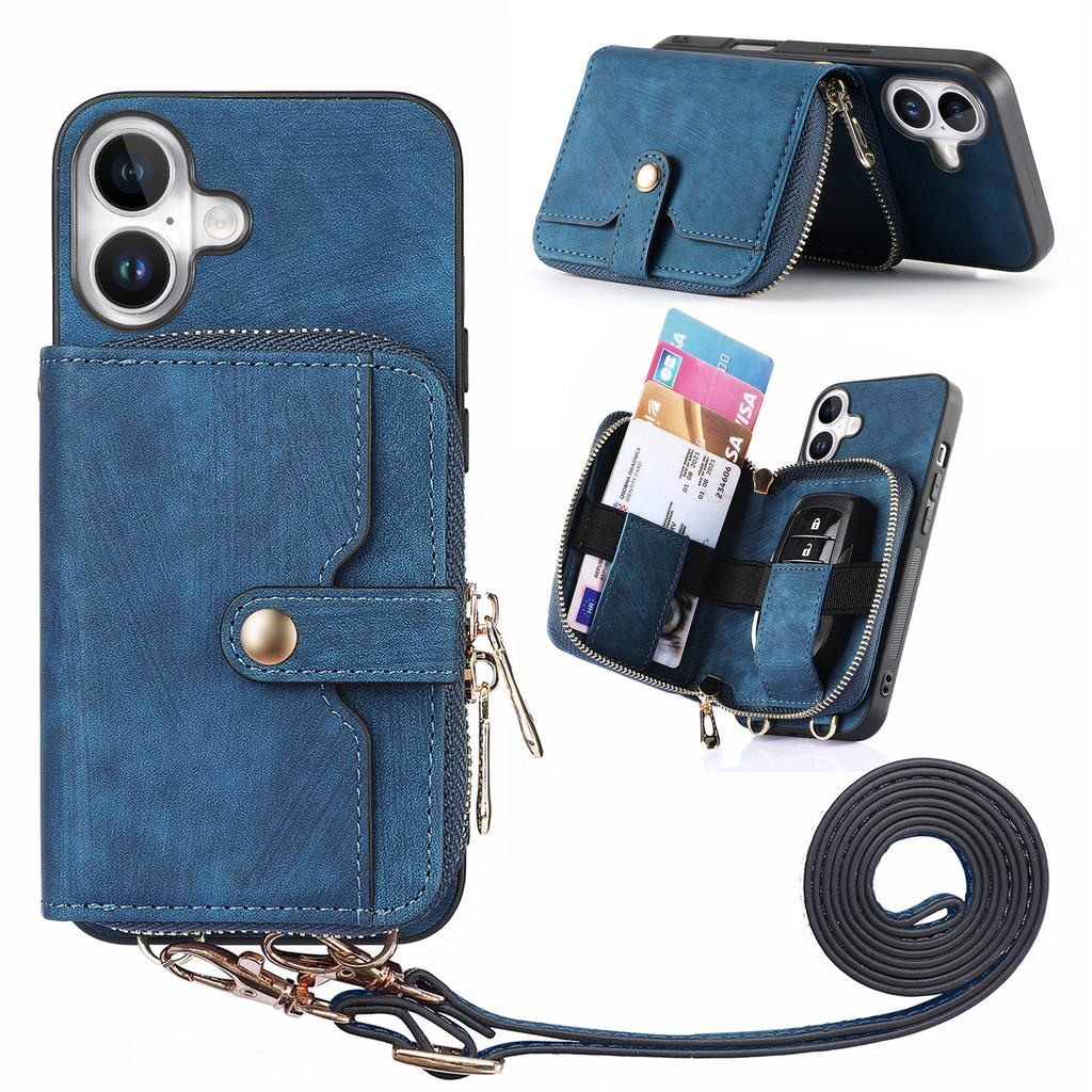 For iPhone 16 Case Zipper Card Holder PU Leather Phone Back Cover with Long Strap