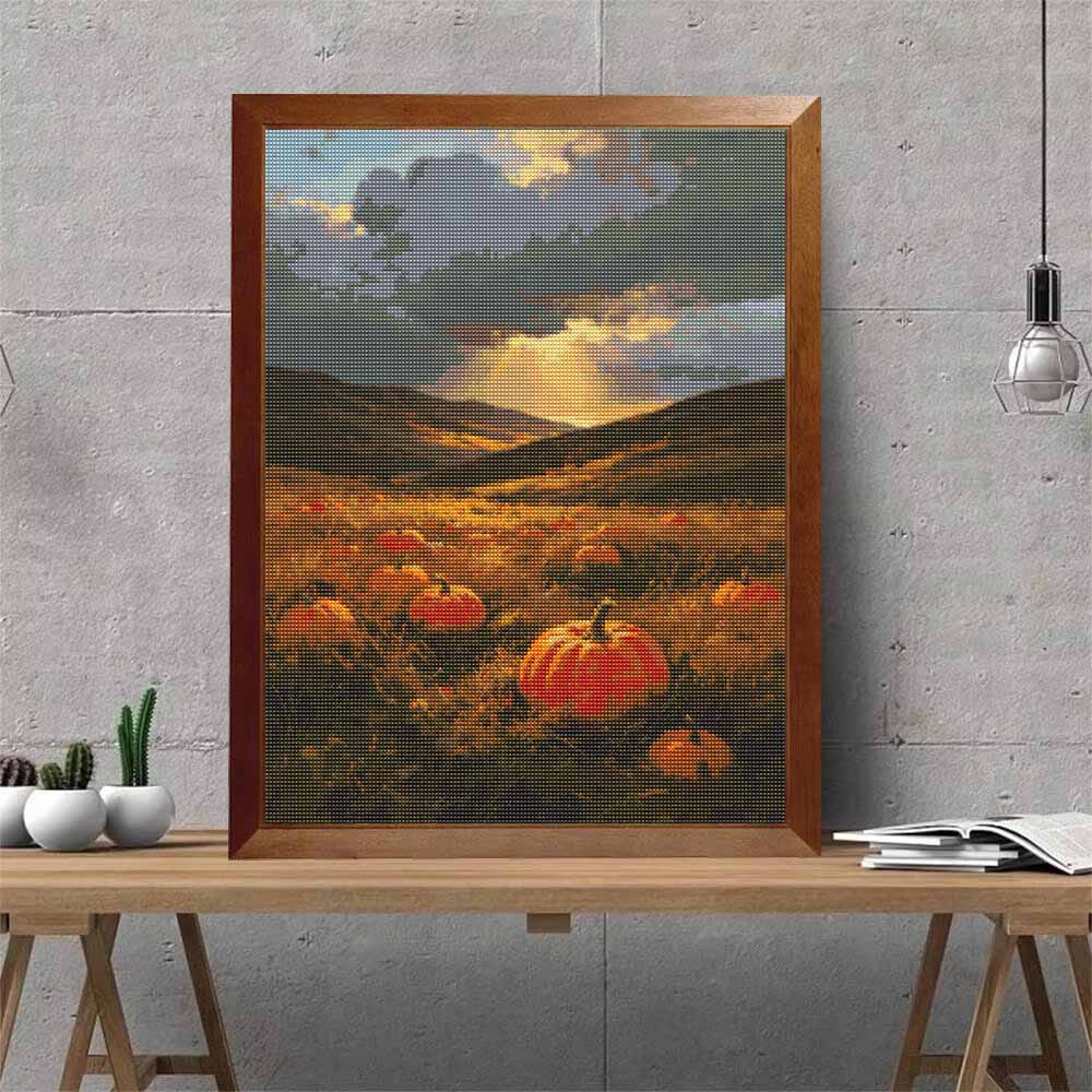 5D Diamond Painting Kit Pumpkin Patch Sunset Full Drill Canvas Art DIY Rhinestone Craft for Modern Wall Decor