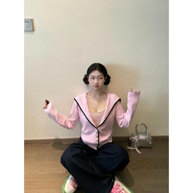 

Ленивый кардиган с контрастной полоской и матросским воротником, вязаное пальто Rose powder S