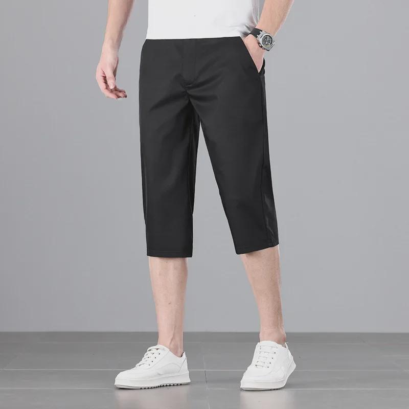 Pánské elastické kalhoty Business Casual Zkrácené - Léto 2024, Volný střih, Plus Size, Rovný střih.