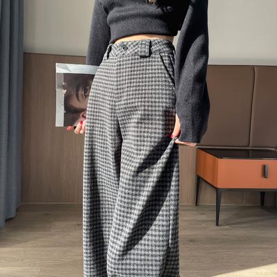 Women's Winter Woolen Straight Boots Pants, Loose and Slimming, with Checkered Trend Elements