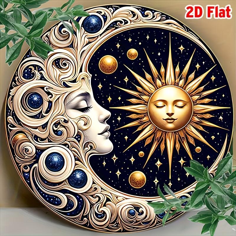 Boho Sun and Moon HD Print Metal Tin Sign Featuring Retro Circular Design with Raised D Relief of Celestial Face Golden Sun 20x20cm(8x8inch)