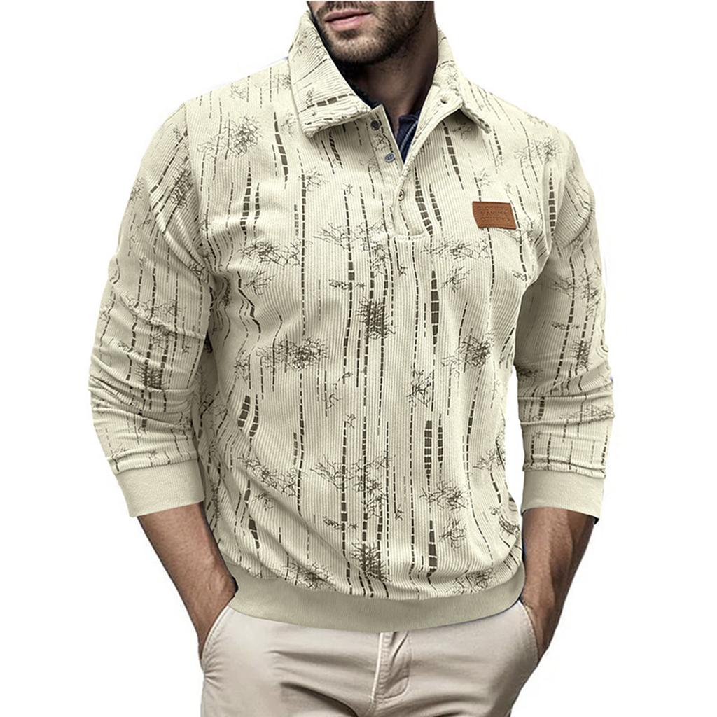 Men's Casual Loose Floral Top Lapel Button Long Sleeve Sweatshirt