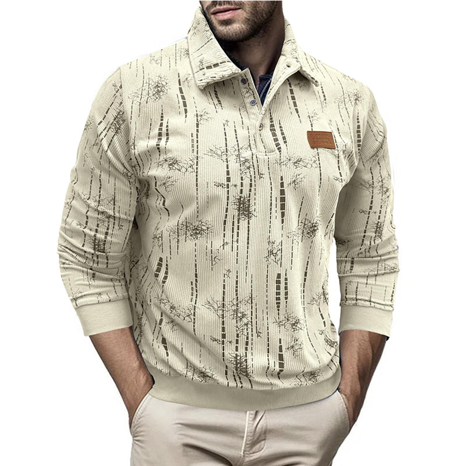 

Men s Casual Loose Floral Top Lapel Button Long Sleeve Sweatshirt L бежевий