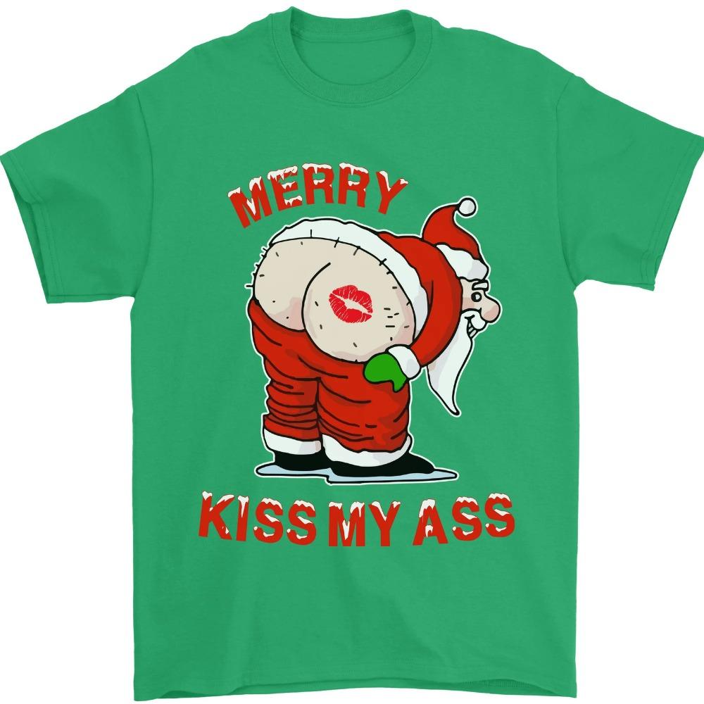 Merry Kiss My Ass Funny Christmas Rude Mens TShirt High Quality Cotton Tops Christmas Happy Gender-Neutral Humorous Summer Shirt