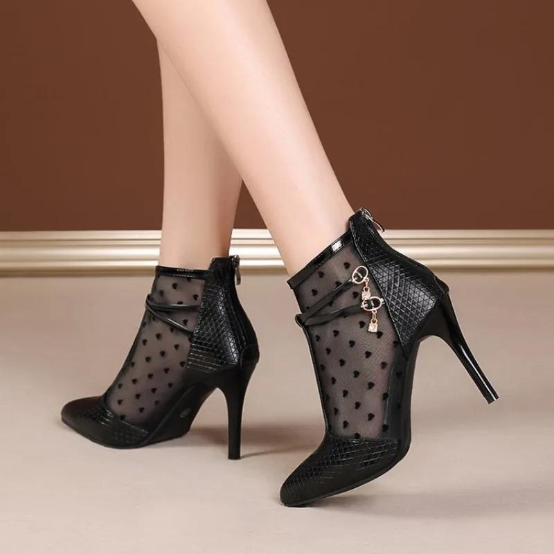 High Heel Short Boots Women Shoe  Spring and Summer New Fine  Pointed  Naked  Back Zipper Large Size  Boot