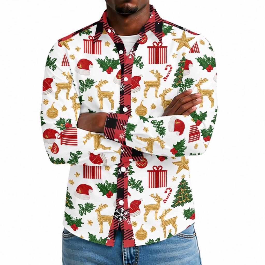 Men's Casual Long Sleeve Shirt with Christmas Print for Holiday Party and Fall