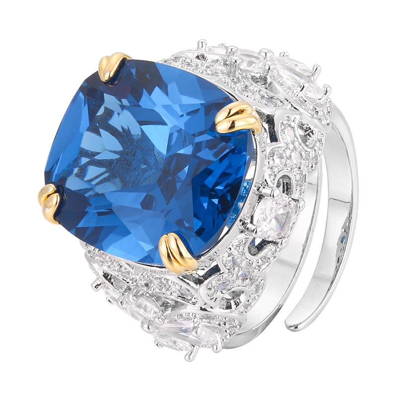 Jewelry Ring, Zircon Female Rectangular Simulation Sapphire, Paraiba High-End One Piece.