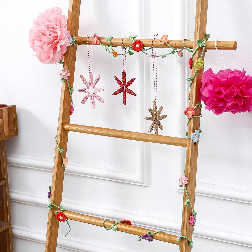 Handmade Crochet Flower Garland, Knitting Wool Spring Bunting Floral Ornaments, Colorful Flower Hanging Garland for Boho 1st Birthday Party Supplies,