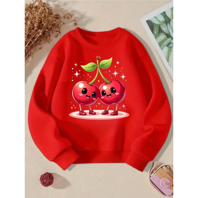 Kids Fashionable Crewneck Sweatshirt, Cute Dancing Cherry Duo Print,Casual Sportswear for Spring & Autumn