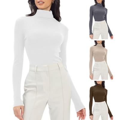 Women Bottoming Tops Slim Fit Stacked Collar Long Sleeve Solid Color Pullover