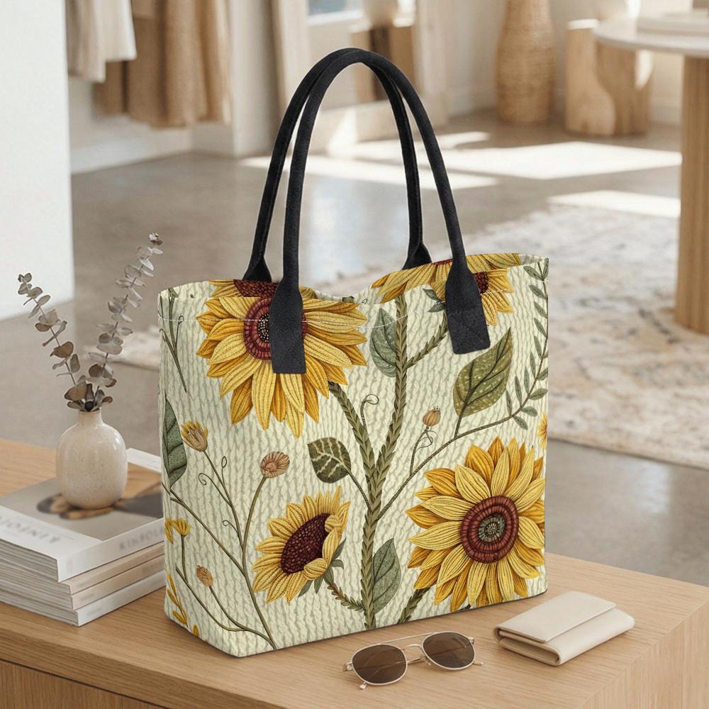  Sunflower Print Tote Bag Casual Large Capacity Canvas Handbag for Daily Use
