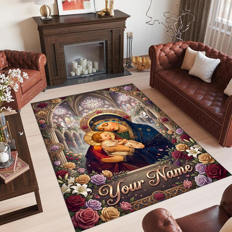 Virgin Mary Theme Crystal Velvet Rug Personalized Custom Name Text Soft Floor Mat Home Decor