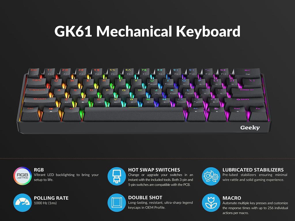 Geeky GK61 60%  Hot-Swappable Mechanical Gaming Keyboard  61-Key Multicolor RGB LED Backlight for PCMac Gamers  ANSI US Layout (Black, Mechanical Red)