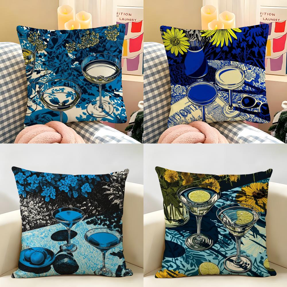 Cocktail glass print Cushion Cover Natural Linen Double Sided Print Throw Pillow Case for Sofa Couch Home Decor