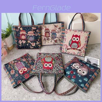 Canvas Embroidered Owl Tote Bag With Zipper Closure For Daily Use