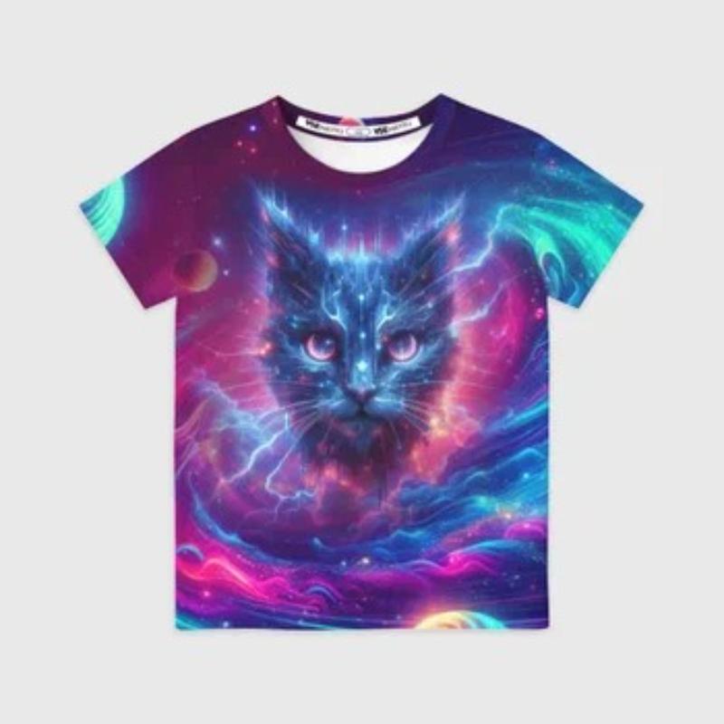 Children's Cartoon Kitten Print Cute Multi-color T-shirts Girls Fashionable Soft Comfortable T-shirt