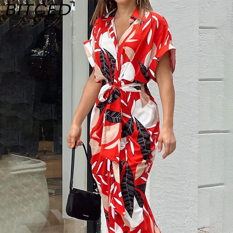 BITCED Damen Hemdkleid mit Kragen, mittellang, kurzärmelig, einreihig, hoch tailliert, Frühling