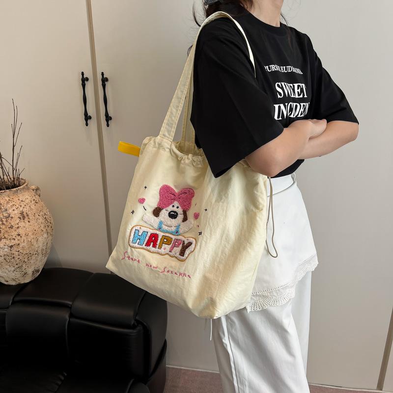 Cute Puppy Embroidered Shoulder Bag New Large-capacity Casual Versatile Portable Drawstring Large-capacity Tote Bag