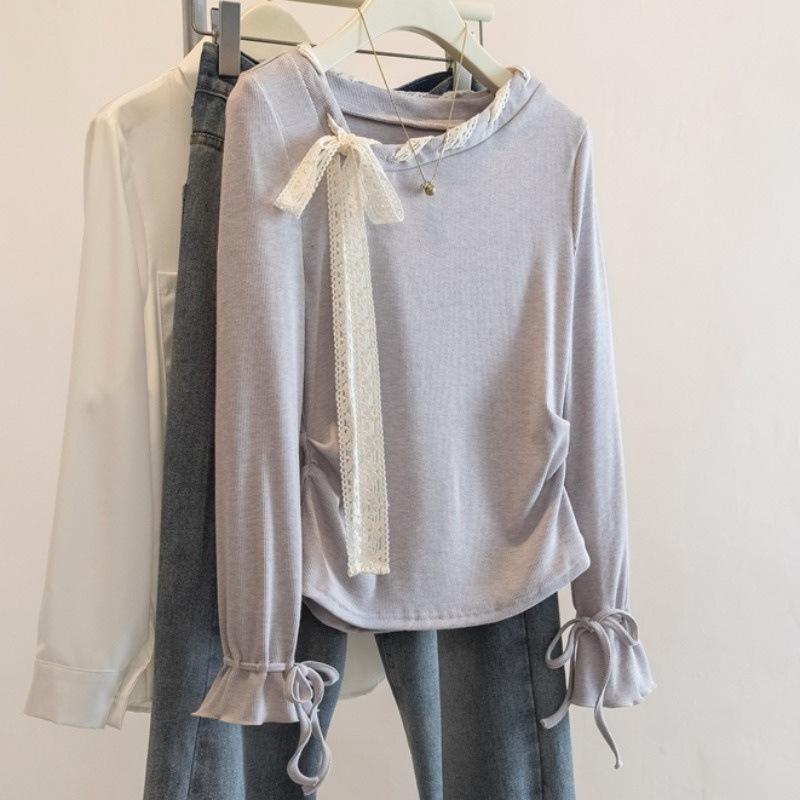 Plus Size Women s Spring Bow Tie Lace-Up Bell Sleeve Shirt - Stylish & Versatile Top XL
