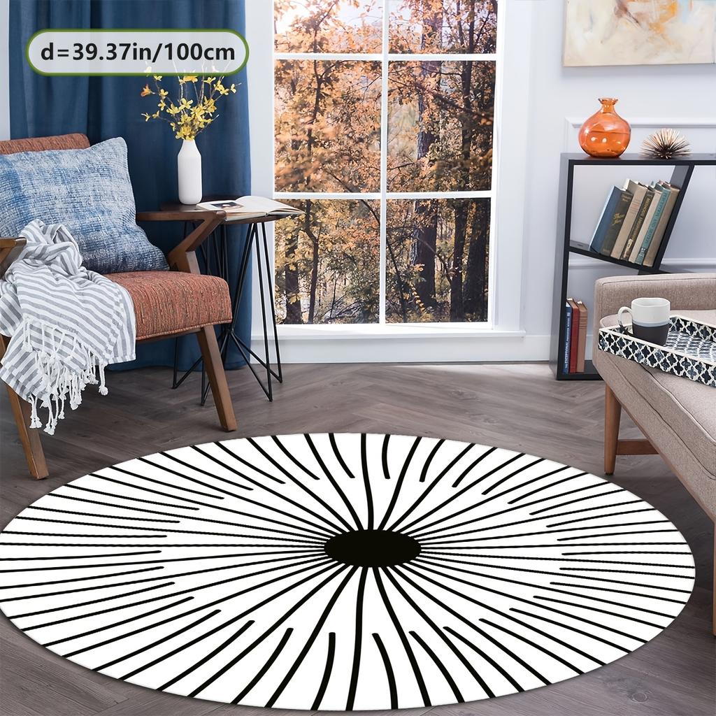 Crystal velvet carpet Modern Round Area Mat -  Crystal Velvet, Non-Slip Dot Backing, Black & White Line Design,