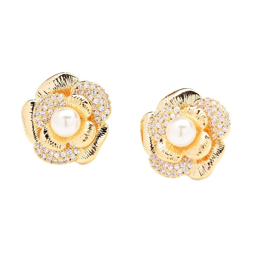 Elegant Classic Micro-inlaid Zircon Brushed Rose Stud Earrings Gold and Silver Pearl Flower 925 Silver Needle Earrings Earrings