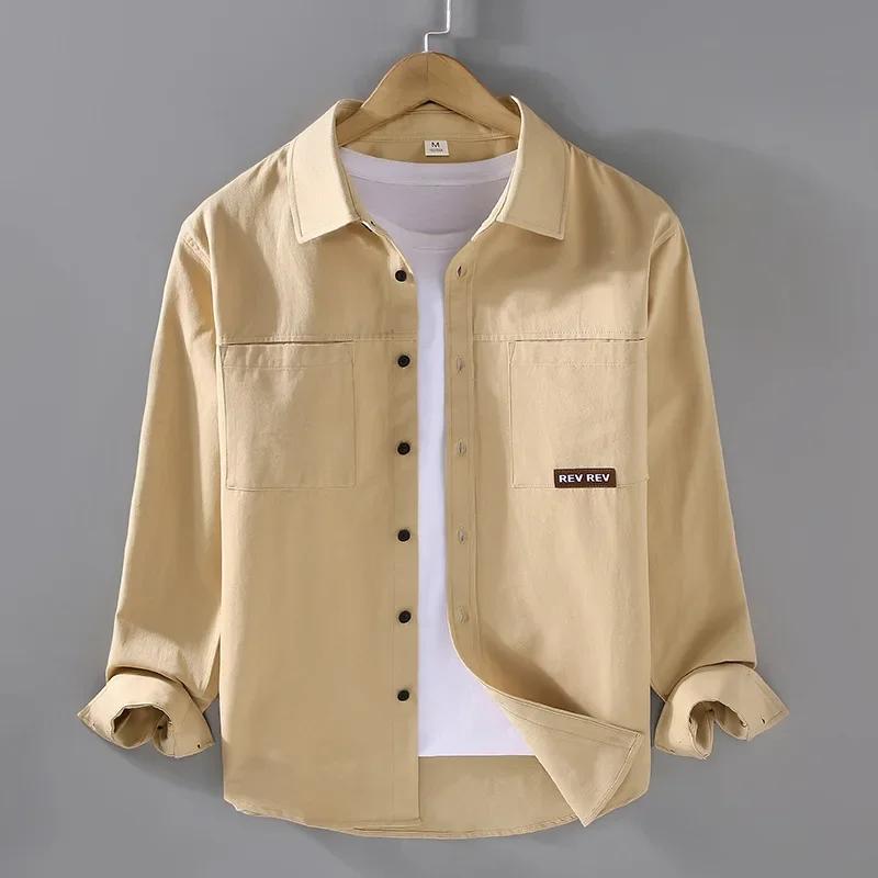 Spring Fall New Men's Shirts Japanese Vintage Cargo Shirt Men Long Sleeve Casual 100%Cotton Double Pocket Shirt Simple White Top