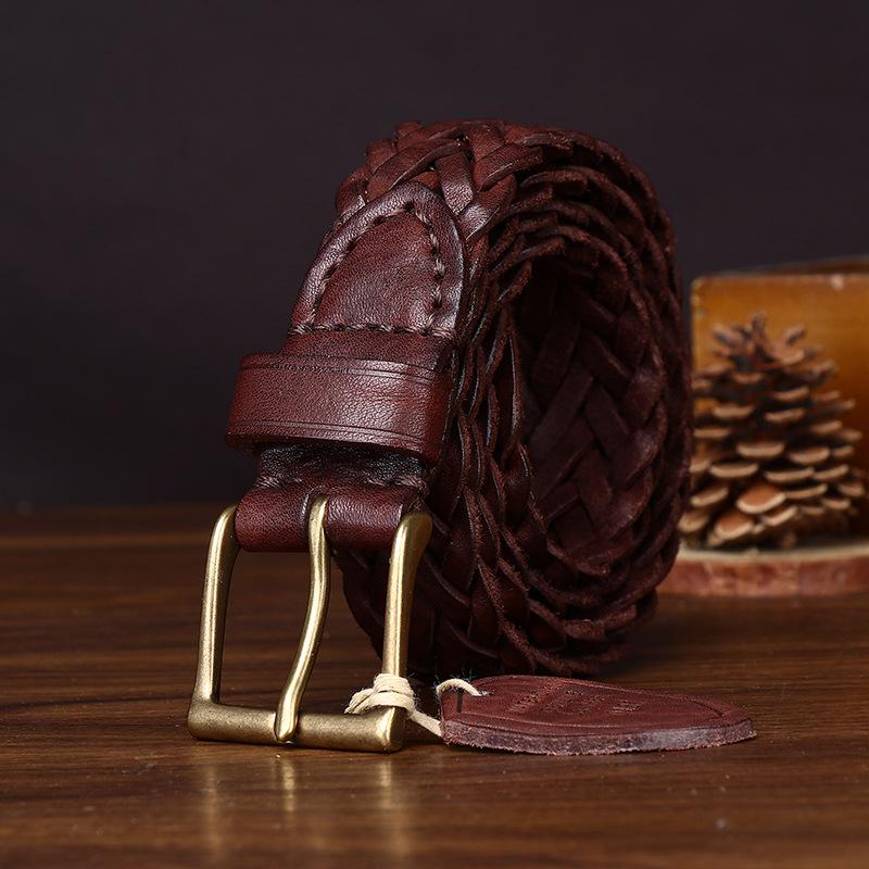 New Handwoven Polished Vegetable Tanned First Layer Cowhide Woven Leather Belt Men'S Casual Jeans Belt Women'S