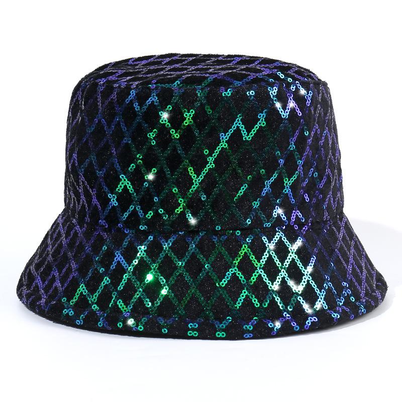 Spring and Autumn New Golden Velvet Bucket Hat Women, Fashionable Personality Sequined Grid Sunshade Washbasin Hat