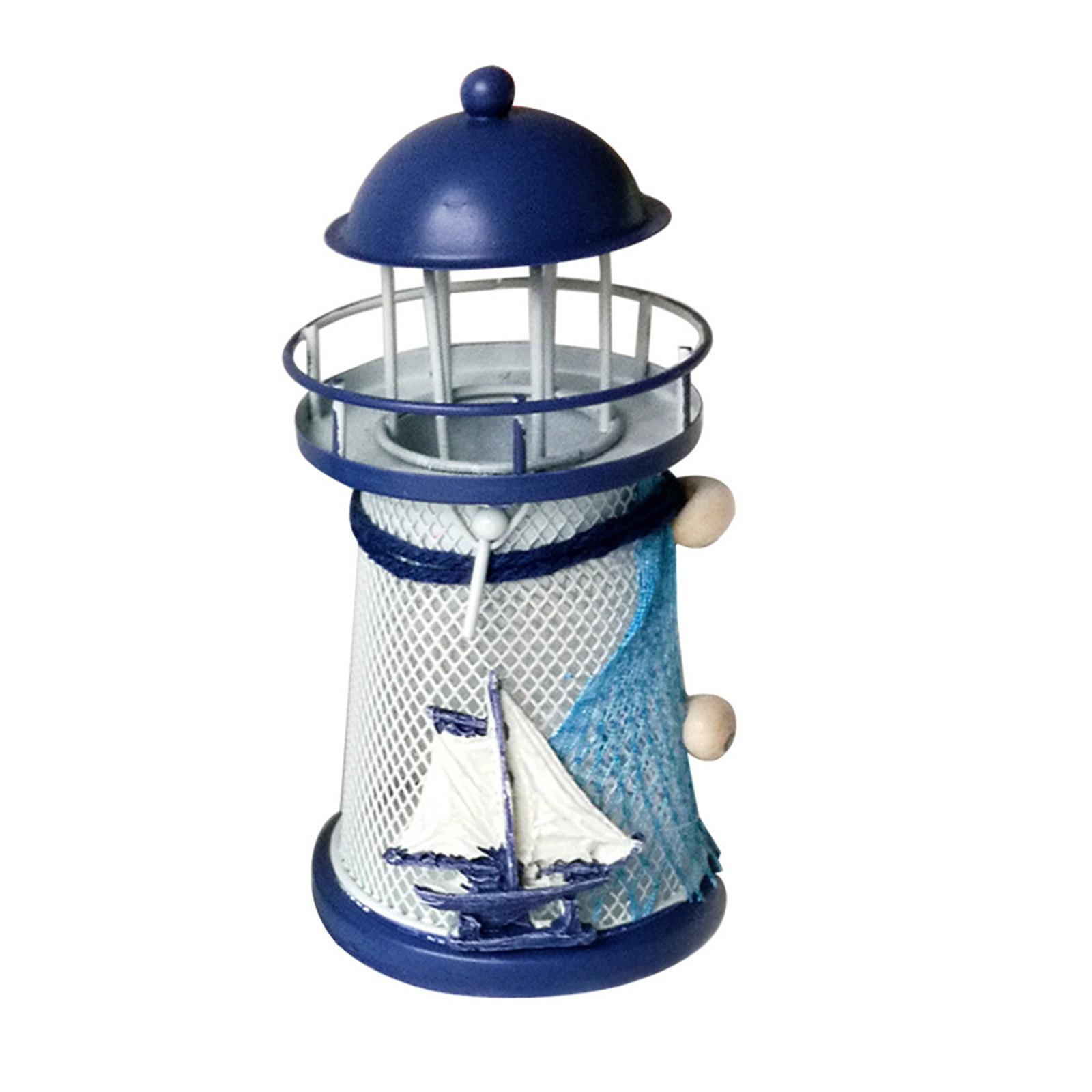 Mediterranean Style Metal Lighthouse Candle Holder with Circular Cutouts Decorative Tabletop Ornament Small Iron Candle Stand