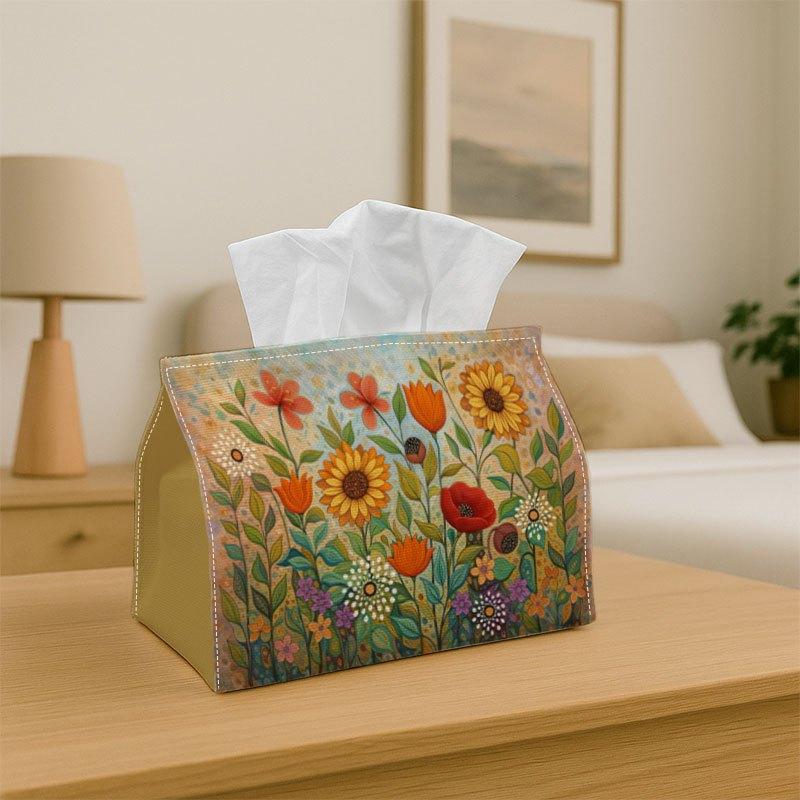 2D Flat, 1pc Vintage Floral Polyester Tissue Box, Reusable and Washable, Sunflower Design On Red Background. Suitable for Dining Tables, Kitchens, Bat