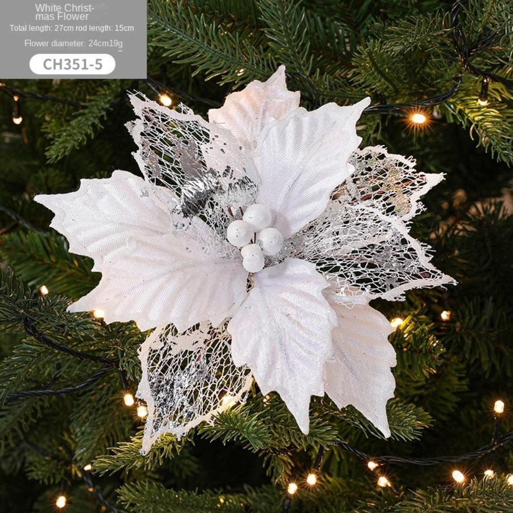 New 24cm Poinsettia Glitter Flower DIY Large Christmas Flowers Wedding Decor Fake Flowers Xmas Tree Decorations