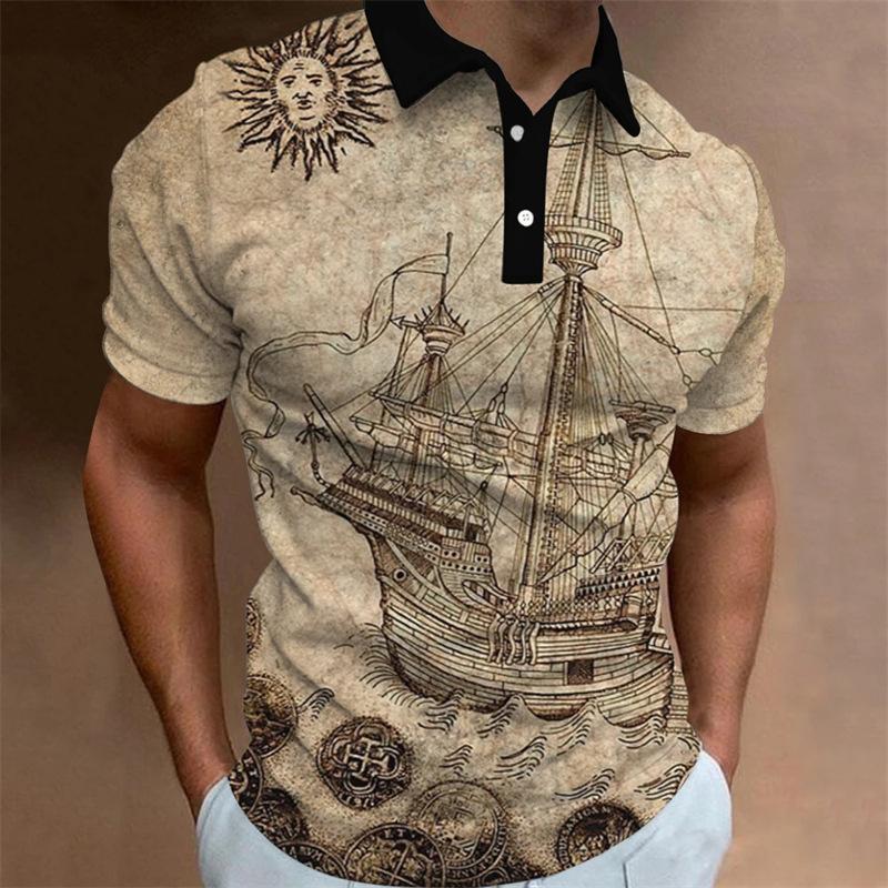 Trendy! Nautical sailing ship print short-sleeve polo shirt