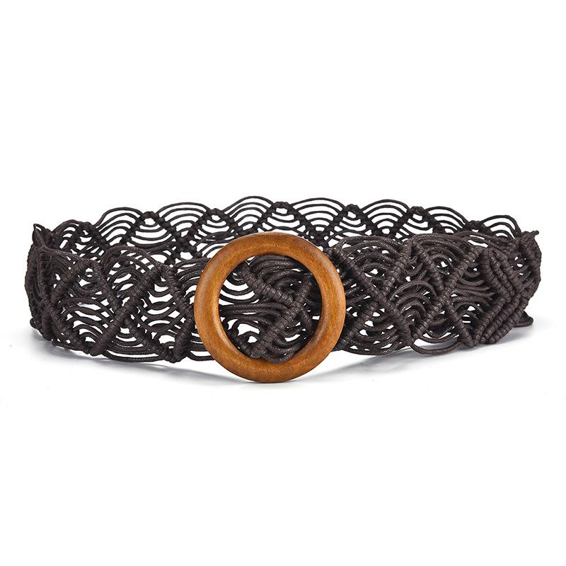 Retro Wax Rope Knotted Woven Wide Belt Belt Large Round Buckle Ethnic Style Super Wide Waist Seal Decorative Belt