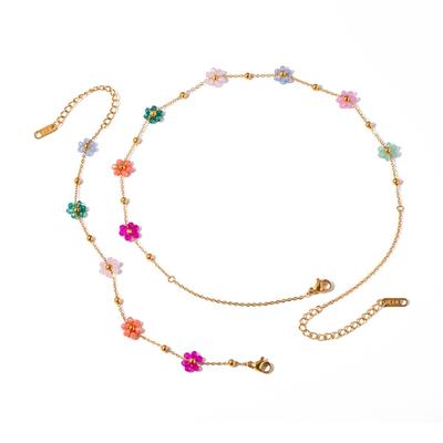 Colorful Flower Bead Necklace and Bracelet Set Fashionable Sturdy Steel Jewelry Accessory for Trendy Women Ladies