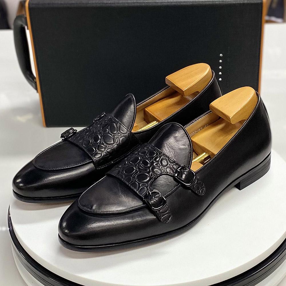 Fashion Luxury Men's Genuine Cow Leather Dress Shoes Green Black Slip-on Loafer Monk Strap Buckle Casual Business Wedding Footwear