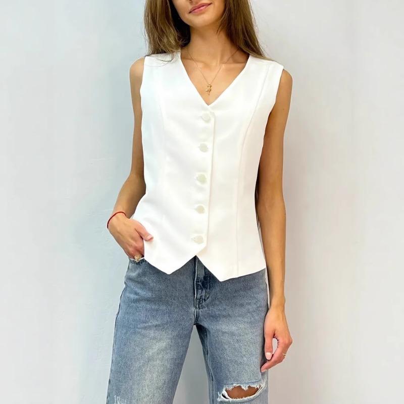 Womens Elegant V Neck Button Down Sleeveless Waistcoat Vest S белый