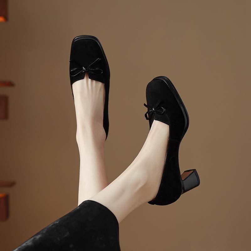 Krazing Pot Suede Round Toe Size 40 High Heels Slip On Platform Butterfly-knot Decoration Casual Autumn Shallow Pumps