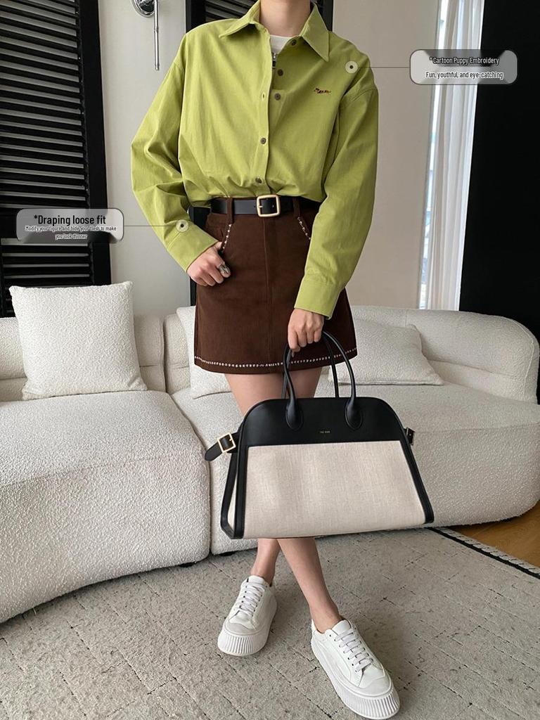 Sinan Early Spring Cartoon Puppy Embroidery Loose Cotton Long Sleeve Shirt