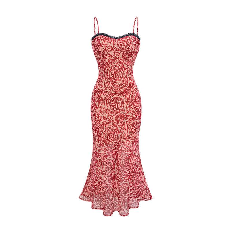 

Retro red printed suspender dress women s summer lace splicing waist fishtail skirt pure hip-wrapped dress S