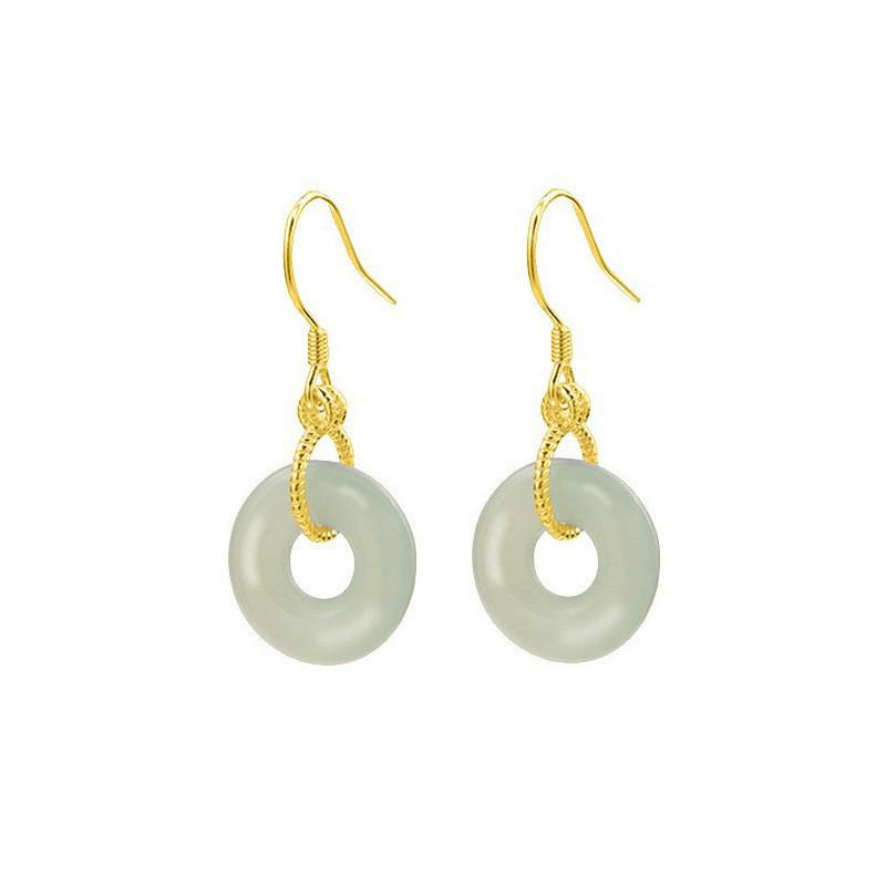 Ping An Kou Hetian Jade Earrings - Elegant Gold and Jade Stone Ear Ornaments for Women, Chinese Style