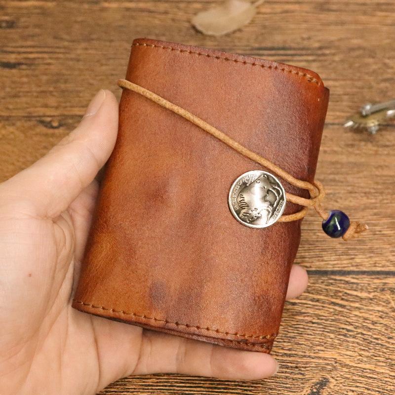Original New Vegetable Tanned Leather Wallet Card Bag Zero Wallet Women's Retro Drawstring Multifunctional 2-in-1 Card Clip