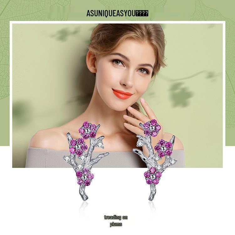 Aifuluo Pink Plum Blossom Zircon Stud Earrings - Pure Silver, White Gold Plated, S925.