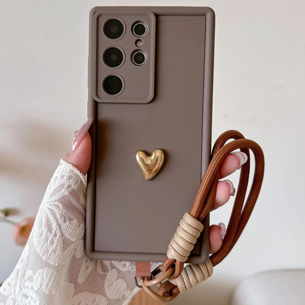 3D Gold Heart Love Wrist Strap Case For Samsung Galaxy S25 Ultra S23 S22 Plus S24 S21 FE Note 20 A56 A55 A36 A35 A26 A16 A15 5G