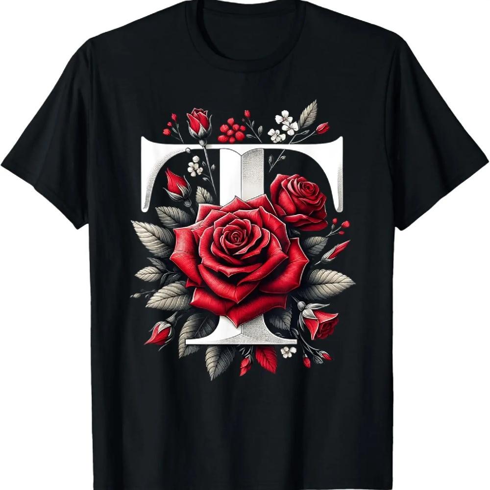 

Red Rose Roses Flower Floral Design Black Monogram Letter T T-Shirt S