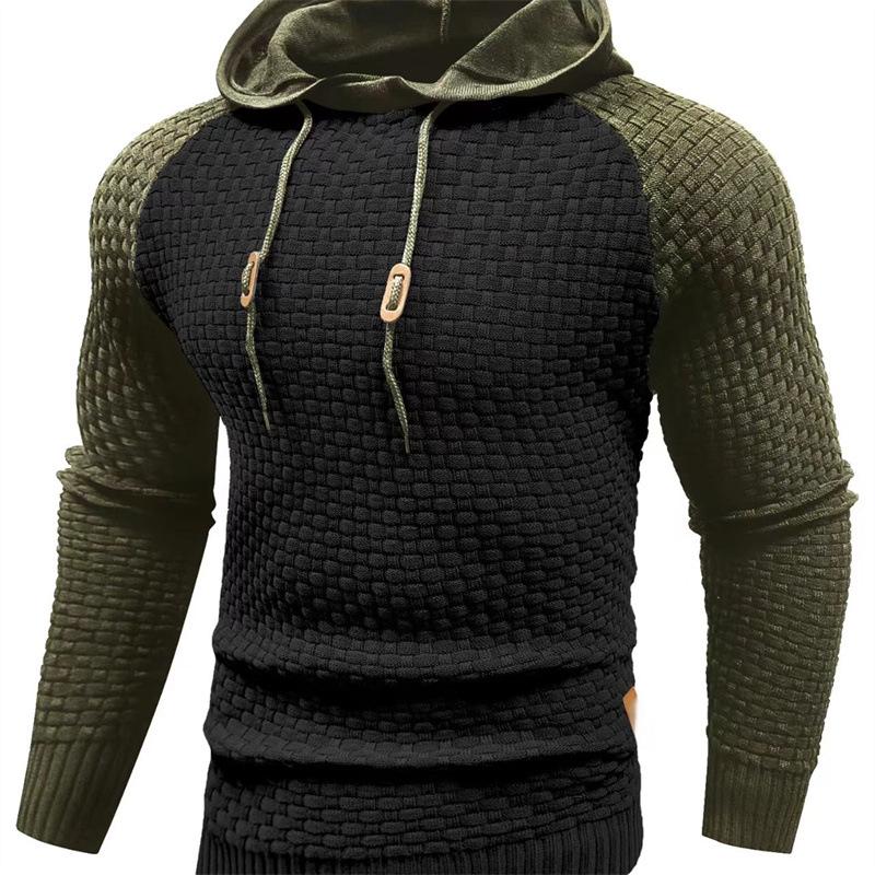 2025 Men's Color Block Plaid Slim Fit Hoodie - Casual Long Sleeve Knit Pullover