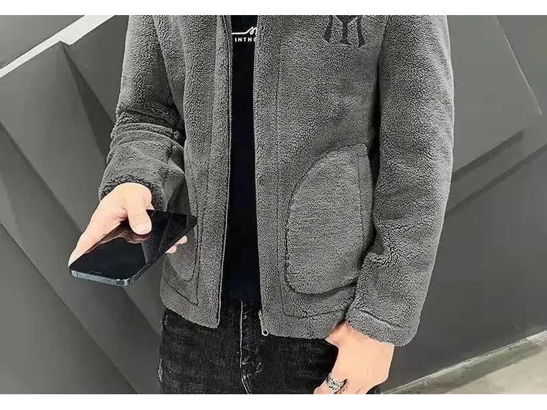 Men's Embroidered Lambswool Stand-Up Collar Coat for Autumn/Winter