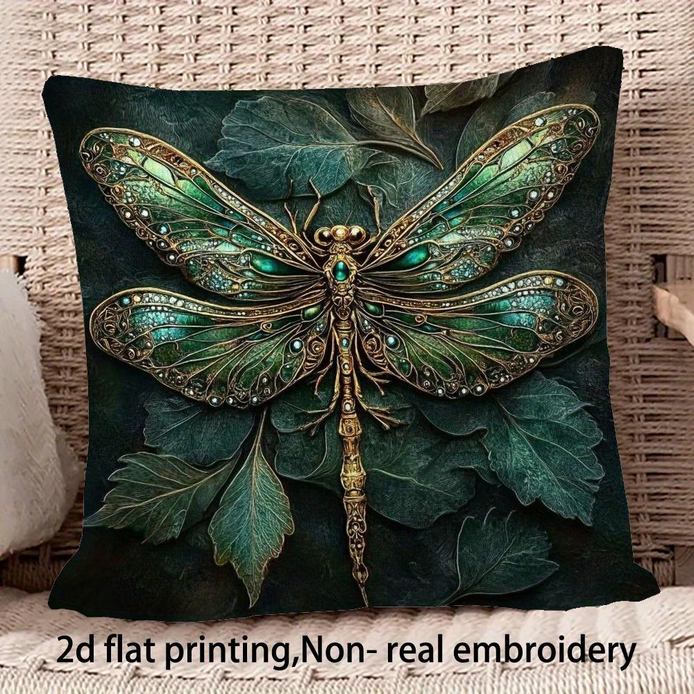 2D Plat - Vintage Smaragd Goud Drakenkind Vierkante Sierkussenhoes Decoratieve Luxe Donkergroene Bladprint Kussenhoes Peach skin 18*18(CM)-1Pcs